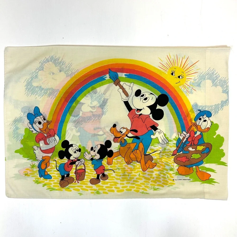 Vintage Disney Mickey Mouse Rainbow Twin Flat Sheet and Pillowcase Pacific Mills